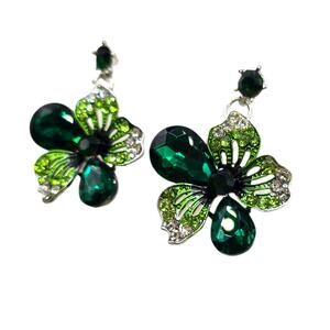 Pierced Earrings Green Rhinestones Dangle Silver Tone Drop Fashion Gift SKU 2767